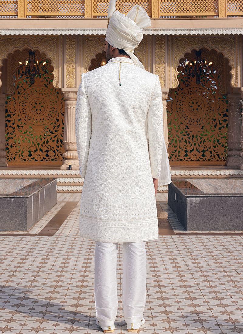 Off White Art Silk Thread Work Wedding Wear Readymade Indo Western Sherwani SW399790
