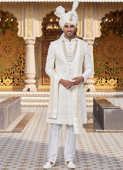 Off White Art Silk Thread Work Wedding Wear Readymade Indo Western Sherwani SW399790