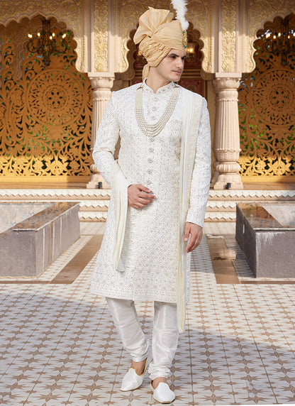 Off White Art Silk Thread Work Wedding Wear Readymade Indo Western Sherwani SW944744