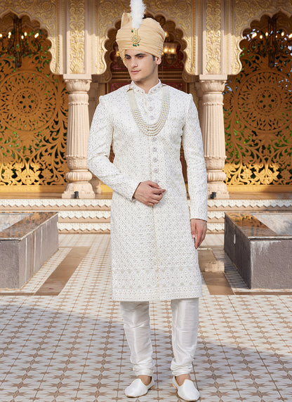 Off White Art Silk Thread Work Wedding Wear Readymade Indo Western Sherwani SW944744