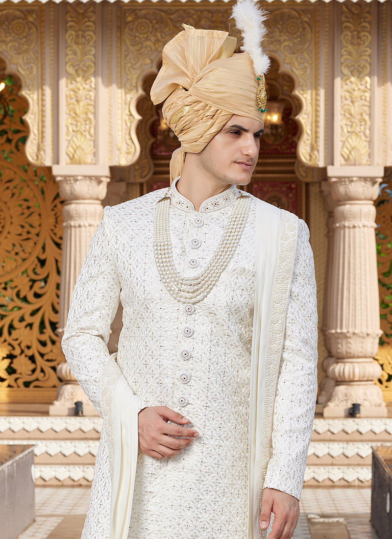 Off White Art Silk Thread Work Wedding Wear Readymade Indo Western Sherwani SW944744