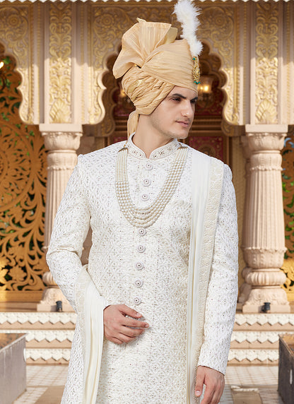 Off White Art Silk Thread Work Wedding Wear Readymade Indo Western Sherwani SW944744