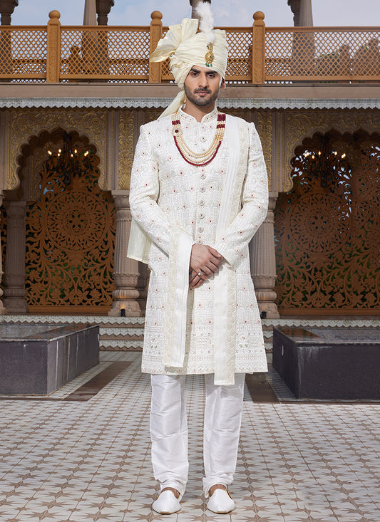 Off White Art Silk Thread Work Wedding Wear Readymade Indo Western Sherwani SW944744