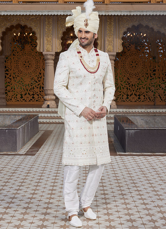 Off White Art Silk Thread Work Wedding Wear Readymade Indo Western Sherwani SW910914