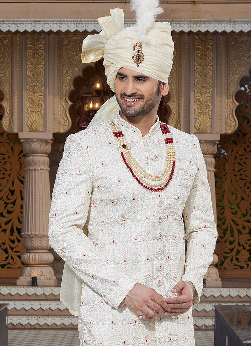 Off White Art Silk Thread Work Wedding Wear Readymade Indo Western Sherwani SW910914