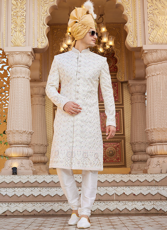 Off White Art Silk Thread Work Wedding Wear Readymade Indo Western Sherwani SW172656