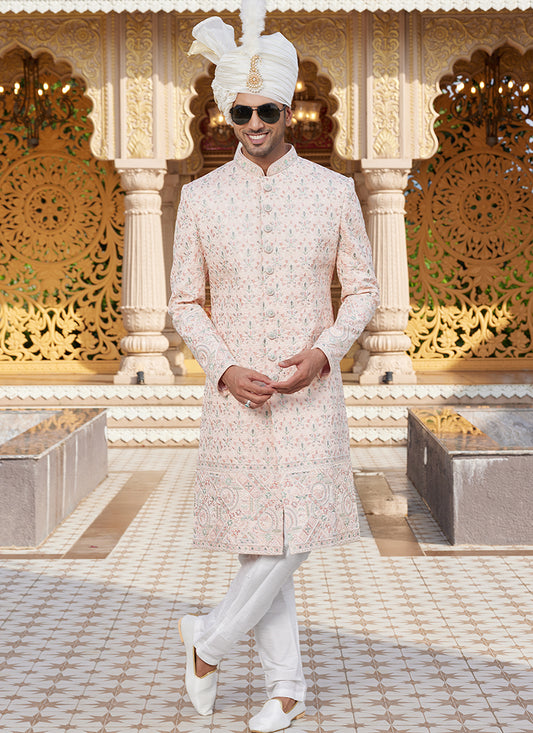 Off White Art Silk Thread Work Wedding Wear Readymade Indo Western Sherwani SW905686
