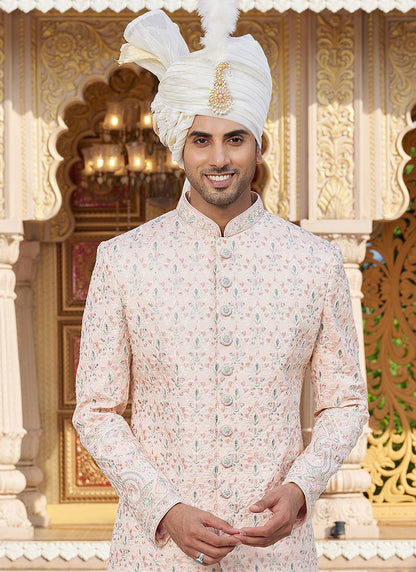 Off White Art Silk Thread Work Wedding Wear Readymade Indo Western Sherwani SW905686