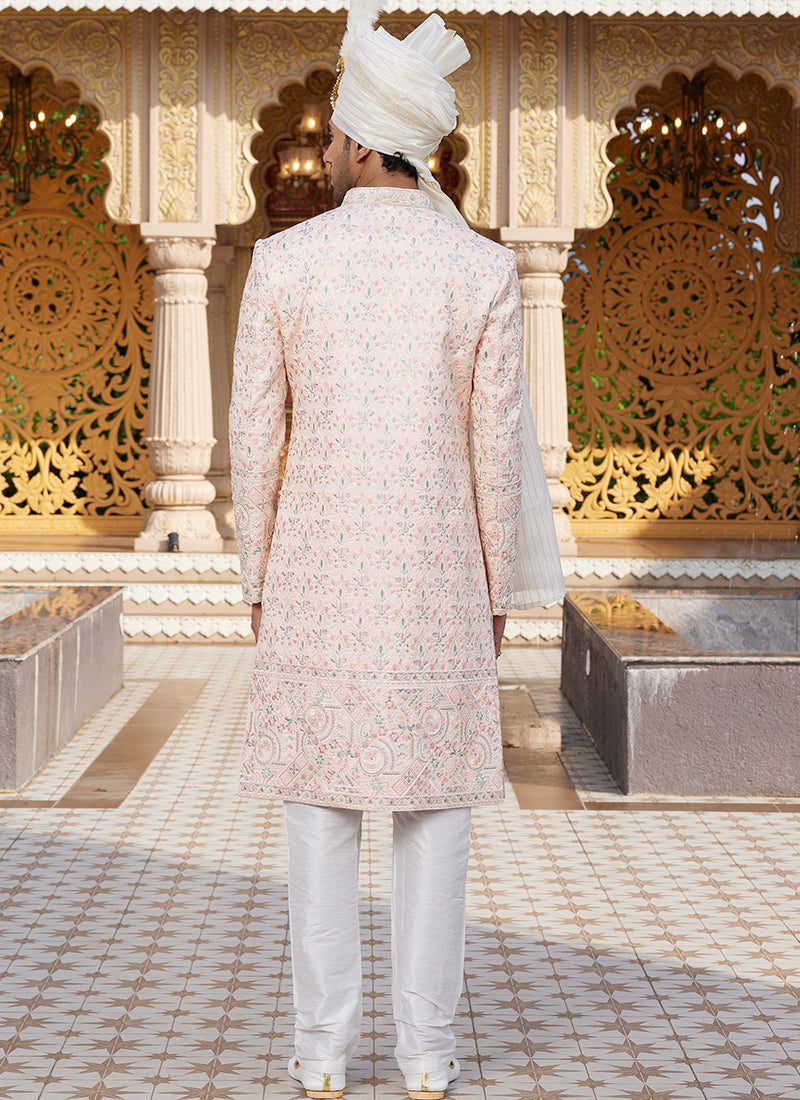 Off White Art Silk Thread Work Wedding Wear Readymade Indo Western Sherwani SW905686
