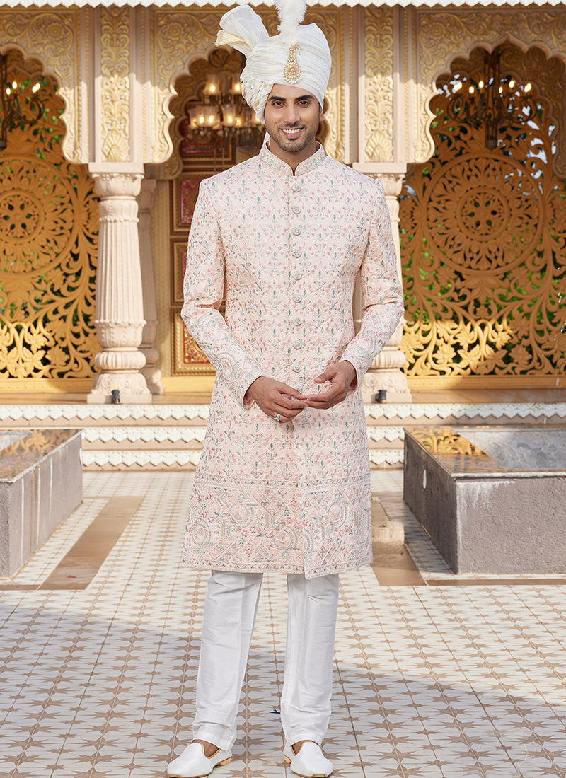 Off White Art Silk Thread Work Wedding Wear Readymade Indo Western Sherwani SW905686