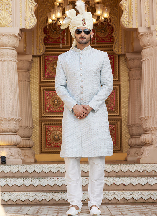 Off White Art Silk Thread Work Wedding Wear Readymade Indo Western Sherwani SW960535
