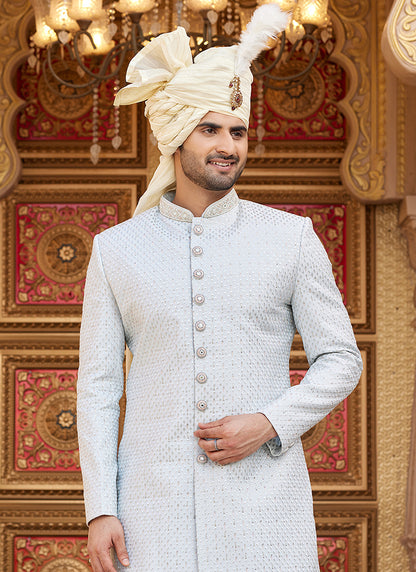 Off White Art Silk Thread Work Wedding Wear Readymade Indo Western Sherwani SW960535