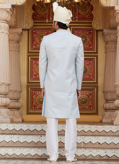Off White Art Silk Thread Work Wedding Wear Readymade Indo Western Sherwani SW960535