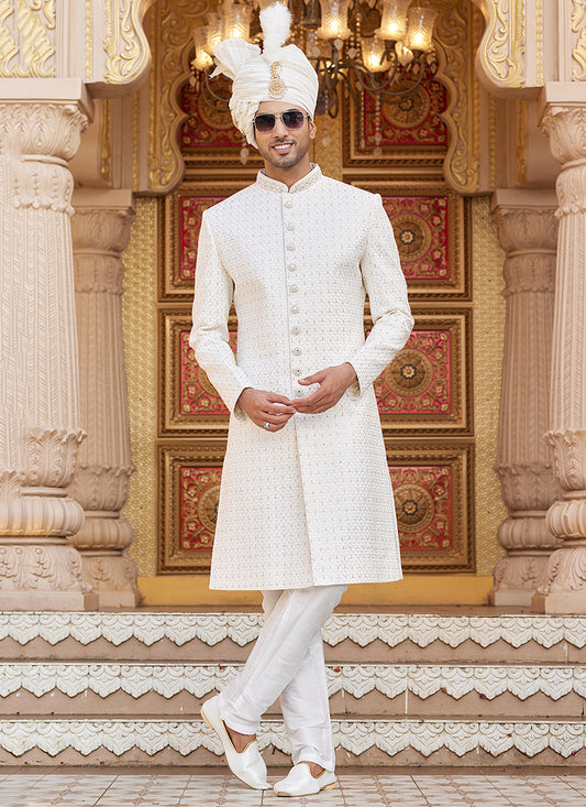 Off White Art Silk Thread Work Wedding Wear Readymade Indo Western Sherwani SW224332