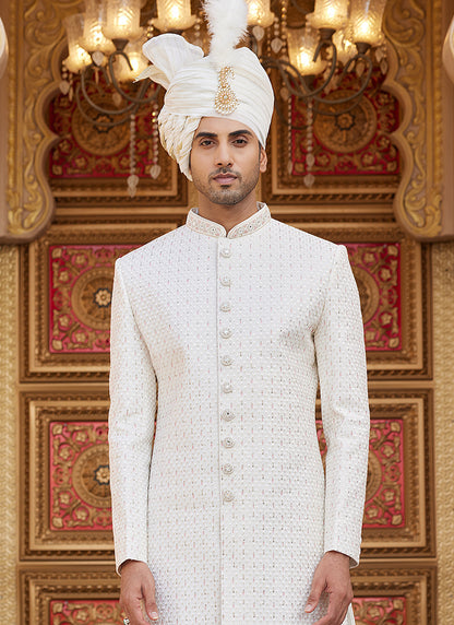 Off White Art Silk Thread Work Wedding Wear Readymade Indo Western Sherwani SW224332