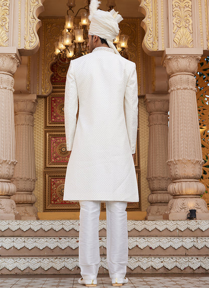 Off White Art Silk Thread Work Wedding Wear Readymade Indo Western Sherwani SW224332