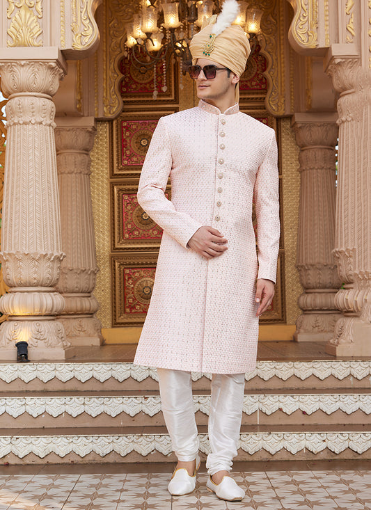 Off White Art Silk Thread Work Wedding Wear Readymade Indo Western Sherwani SW718192