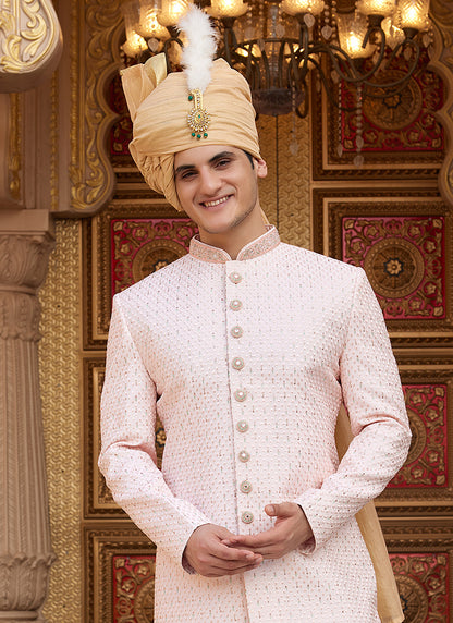 Off White Art Silk Thread Work Wedding Wear Readymade Indo Western Sherwani SW718192