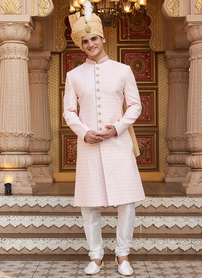 Off White Art Silk Thread Work Wedding Wear Readymade Indo Western Sherwani SW718192