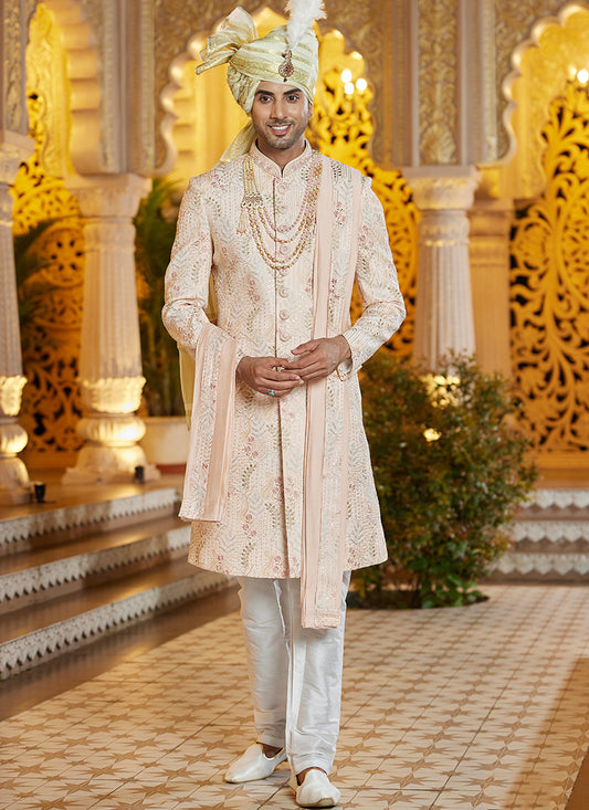 Off White Art Silk Thread Work Wedding Wear Readymade Indo Western Sherwani SW936064