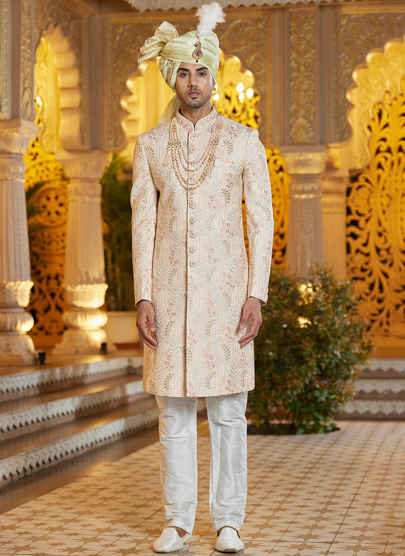 Off White Art Silk Thread Work Wedding Wear Readymade Indo Western Sherwani SW936064