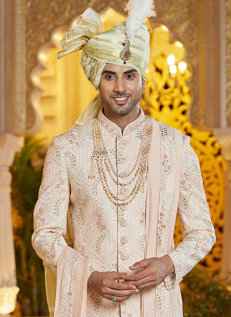 Off White Art Silk Thread Work Wedding Wear Readymade Indo Western Sherwani SW936064