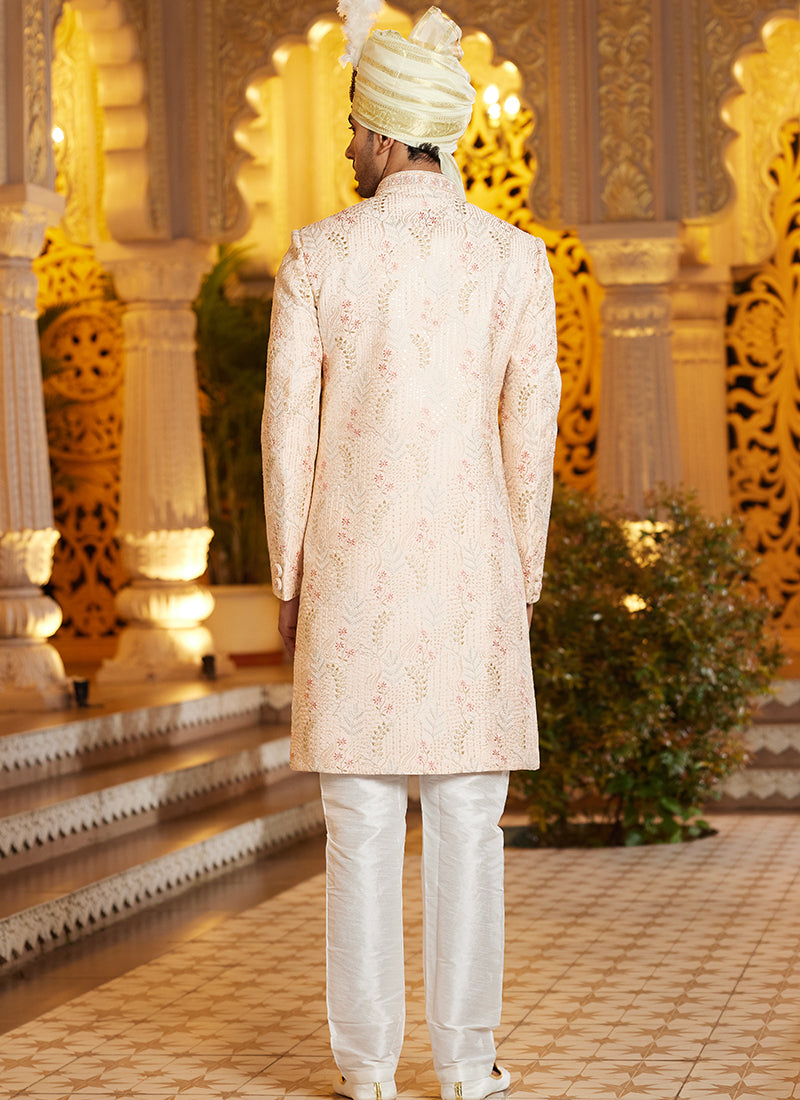 Off White Art Silk Thread Work Wedding Wear Readymade Indo Western Sherwani SW936064