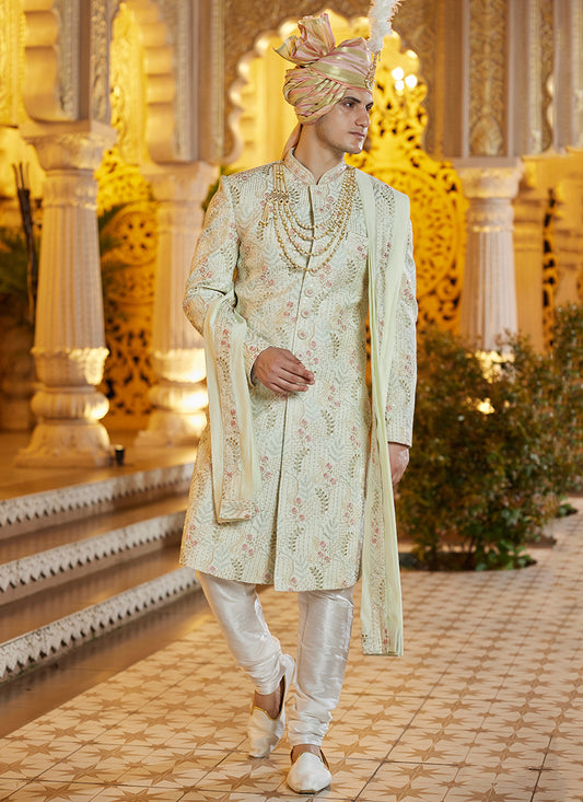 Off White Art Silk Thread Work Wedding Wear Readymade Indo Western Sherwani SW116793