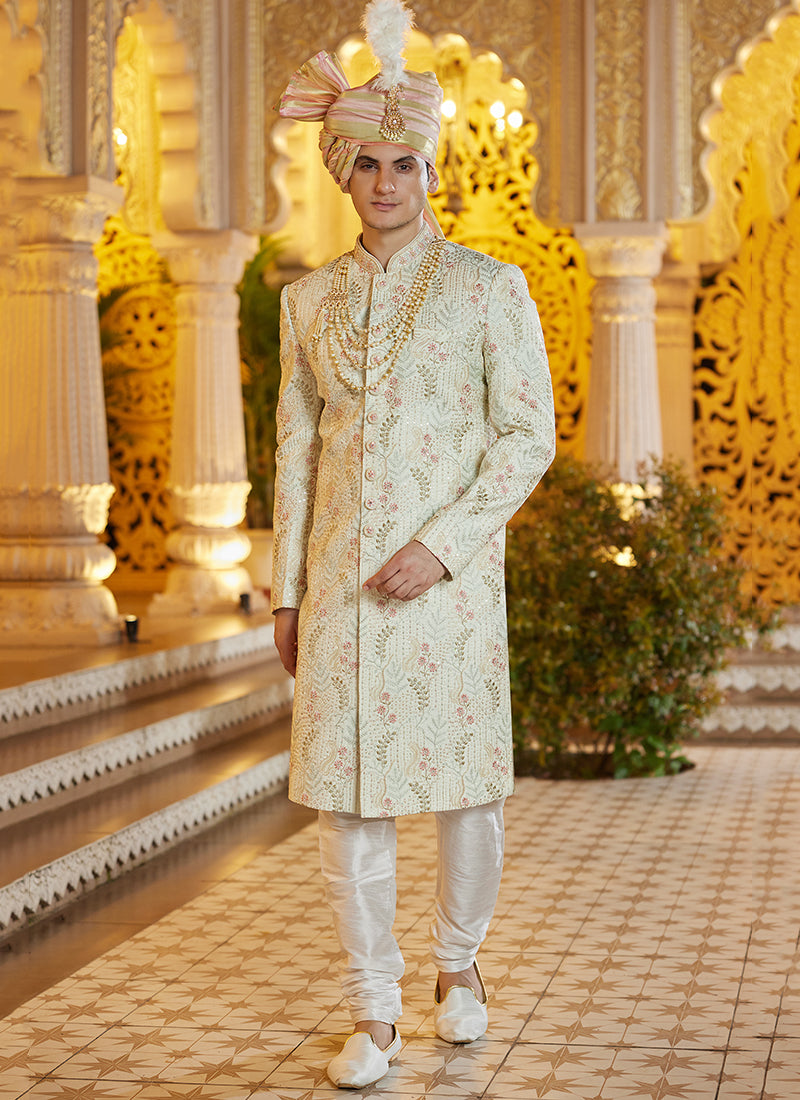 Off White Art Silk Thread Work Wedding Wear Readymade Indo Western Sherwani SW116793