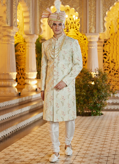 Off White Art Silk Thread Work Wedding Wear Readymade Indo Western Sherwani SW116793