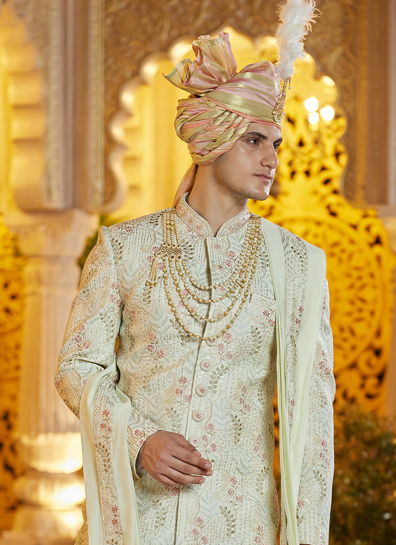 Off White Art Silk Thread Work Wedding Wear Readymade Indo Western Sherwani SW116793