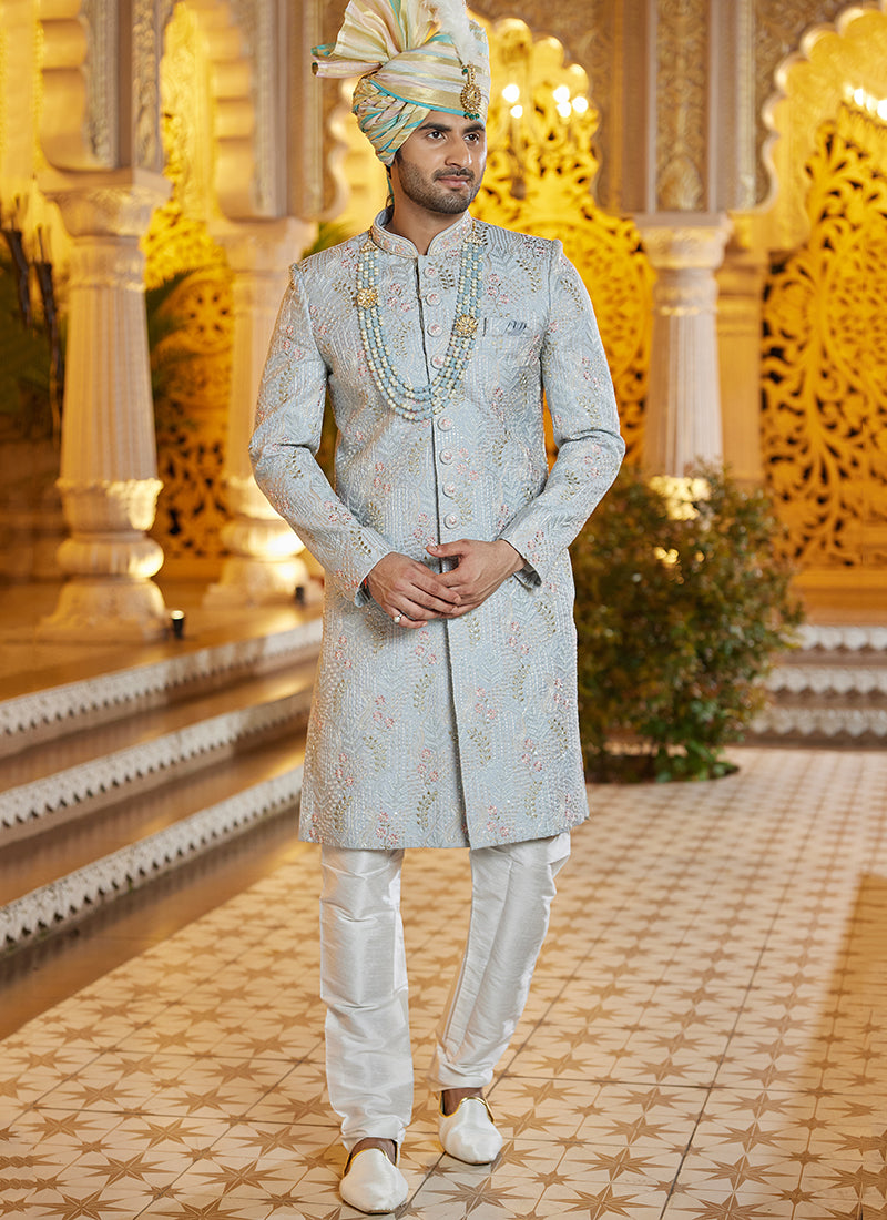 Off White Art Silk Thread Work Wedding Wear Readymade Indo Western Sherwani SW962603