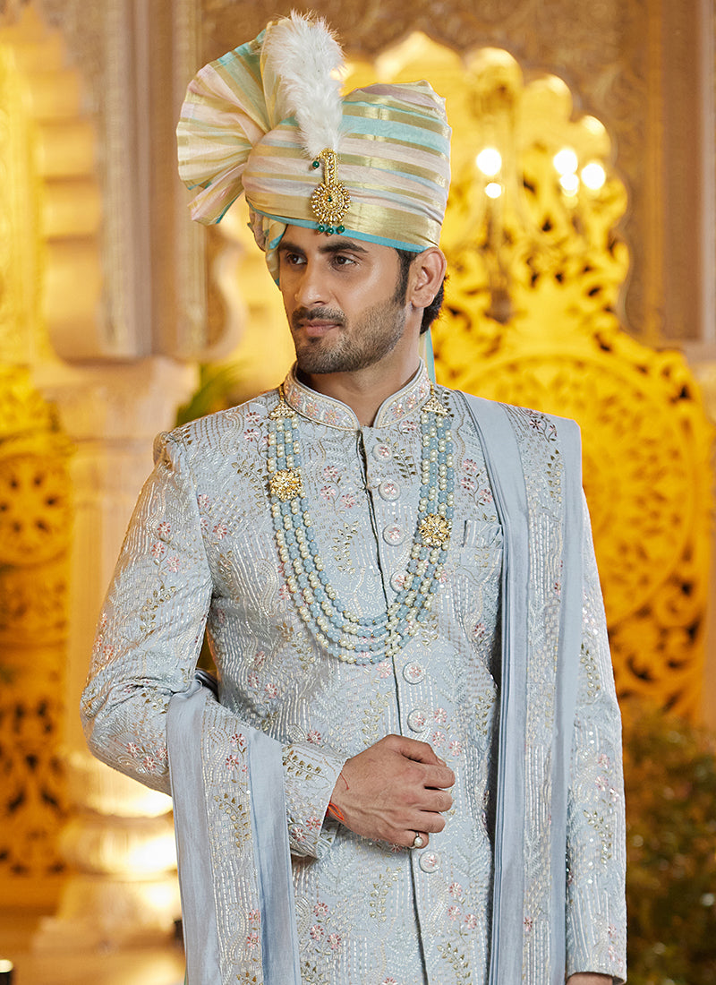 Off White Art Silk Thread Work Wedding Wear Readymade Indo Western Sherwani SW962603