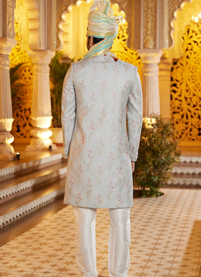 Off White Art Silk Thread Work Wedding Wear Readymade Indo Western Sherwani SW962603