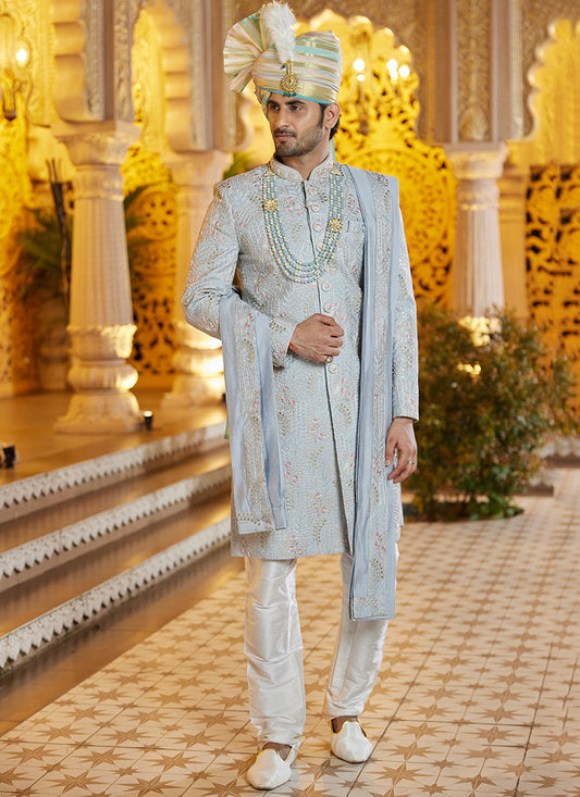 Off White Art Silk Thread Work Wedding Wear Readymade Indo Western Sherwani SW962603