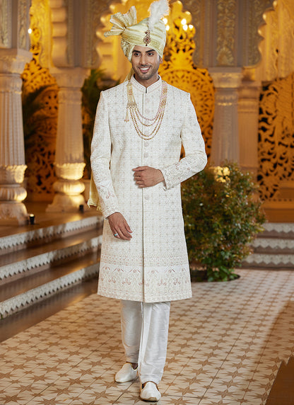 Off White Art Silk Thread Work Wedding Wear Readymade Indo Western Sherwani SW897147