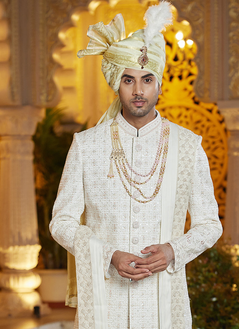 Off White Art Silk Thread Work Wedding Wear Readymade Indo Western Sherwani SW897147