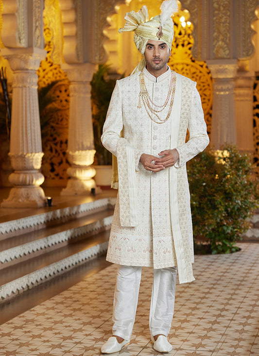 Off White Art Silk Thread Work Wedding Wear Readymade Indo Western Sherwani SW897147