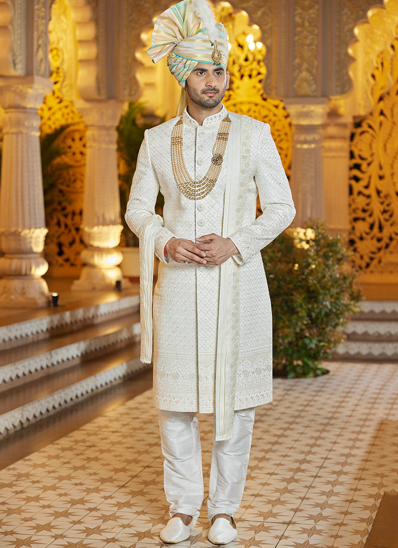 Off White Art Silk Thread Work Wedding Wear Readymade Indo Western Sherwani SW854633