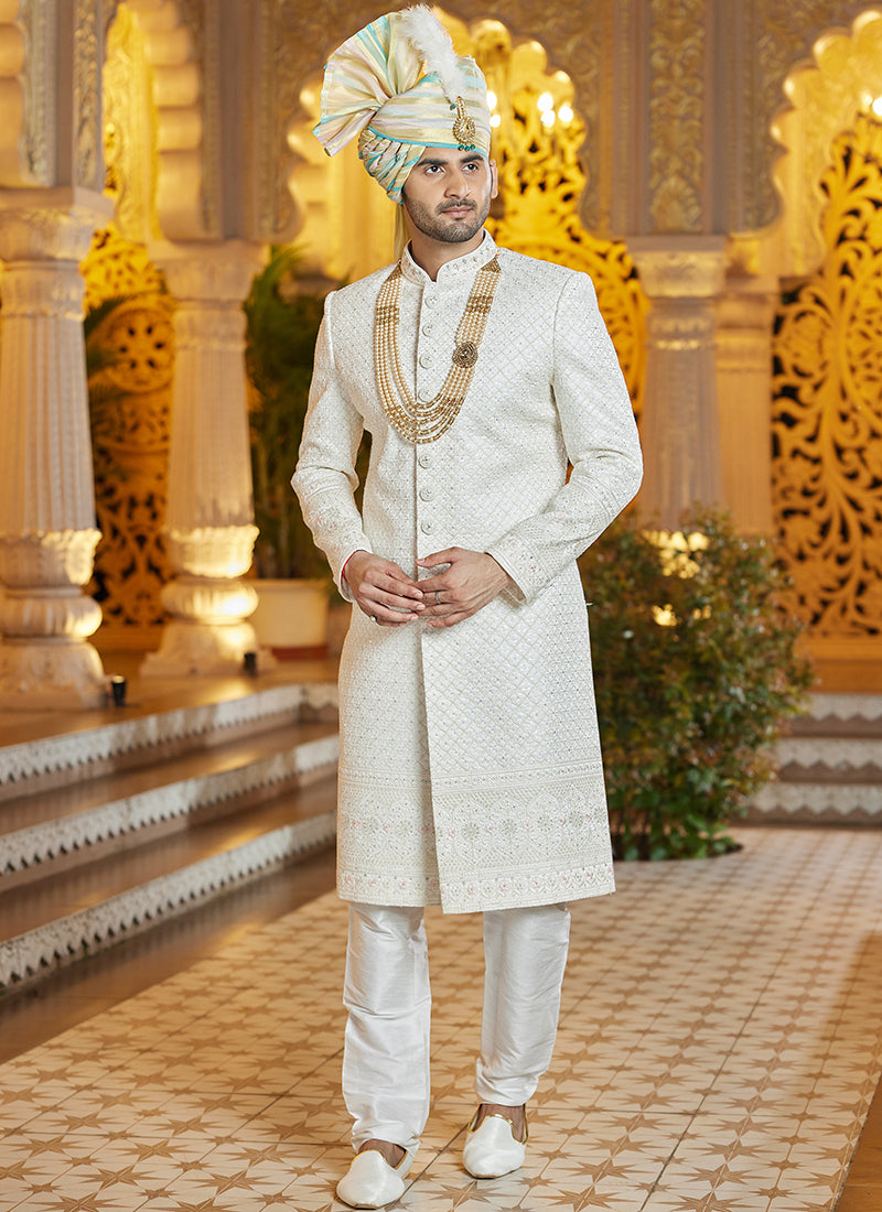 Off White Art Silk Thread Work Wedding Wear Readymade Indo Western Sherwani SW854633