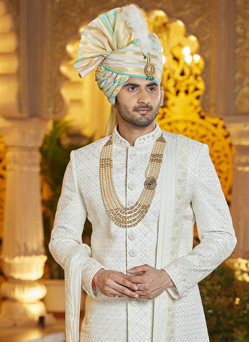 Off White Art Silk Thread Work Wedding Wear Readymade Indo Western Sherwani SW854633