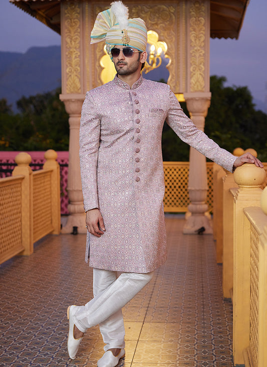 Off White Art Silk Thread Work Wedding Wear Readymade Indo Western Sherwani SW913490