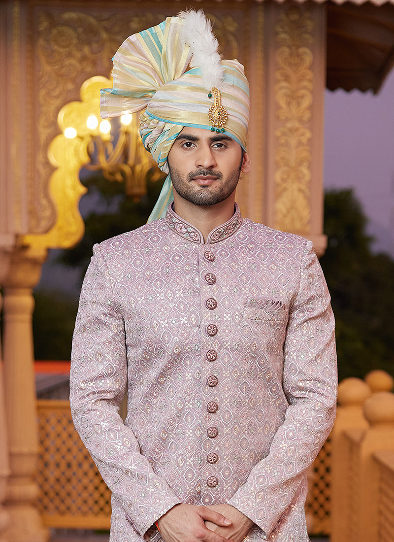 Off White Art Silk Thread Work Wedding Wear Readymade Indo Western Sherwani SW913490