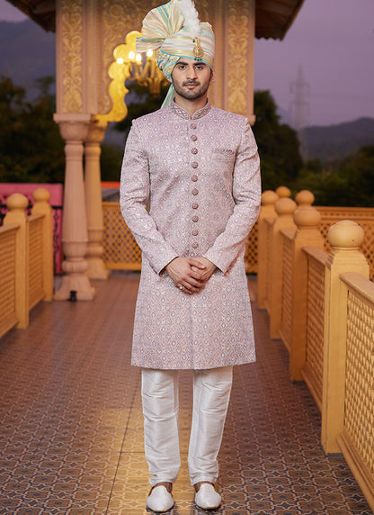 Off White Art Silk Thread Work Wedding Wear Readymade Indo Western Sherwani SW913490