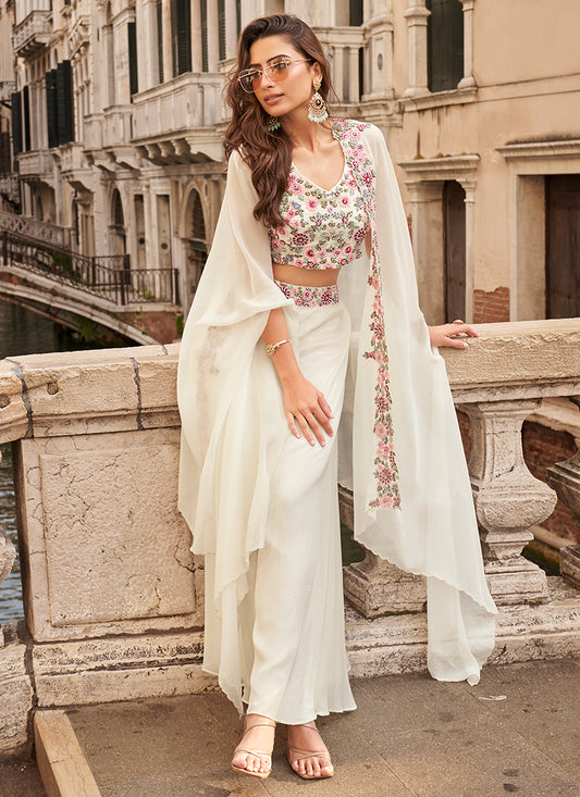 Chinnon Silk Off White Party Wear with Embroidery Work Readymade Indo Western Plazzo Suit 385436