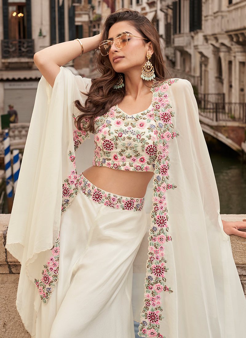 Chinnon Silk Off White Party Wear with Embroidery Work Readymade Indo Western Plazzo Suit 385436