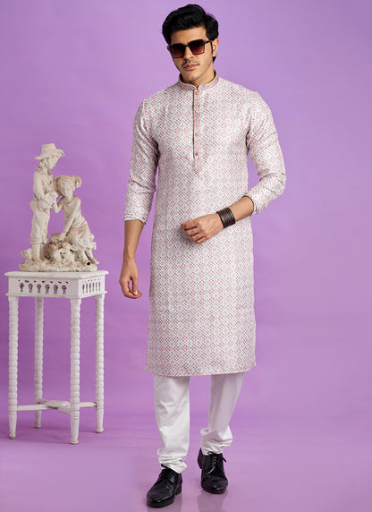 Off White Cotton Pintux Work Festival Wear Readymade Kurta Pajama SW696459
