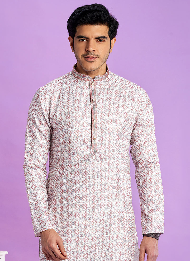 Off White Cotton Pintux Work Festival Wear Readymade Kurta Pajama SW696459