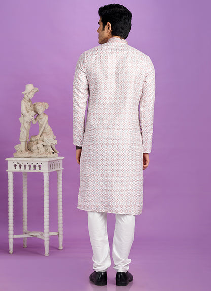 Off White Cotton Pintux Work Festival Wear Readymade Kurta Pajama SW696459