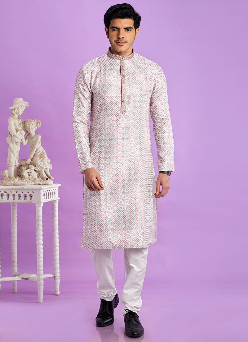 Off White Cotton Pintux Work Festival Wear Readymade Kurta Pajama SW696459